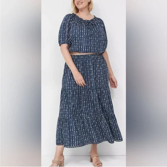 LANE BRYANT NWT Womens Size 18/20 Blue White Printed Tiered Cotton Maxi Skirt - Picture 3 of 12